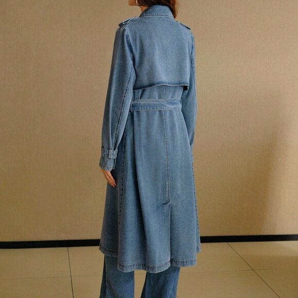 Blue Casual Women's Elegant Denim Trench Coat - Picture 2 of 7